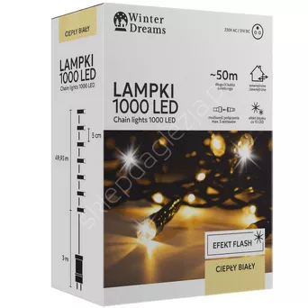 Lampki 1000 LED  białe ciepłe + zimny flash dł. 3+50m wew/zew