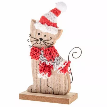 Kot drewniany z dzianinowym szalikiem i czapką 16 cm