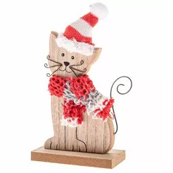 Kot drewniany z dzianinowym szalikiem i czapką 16 cm