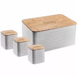 Chlebak SABIO - emaliowany z pokrywą bambusową biały + 3 pojemniki