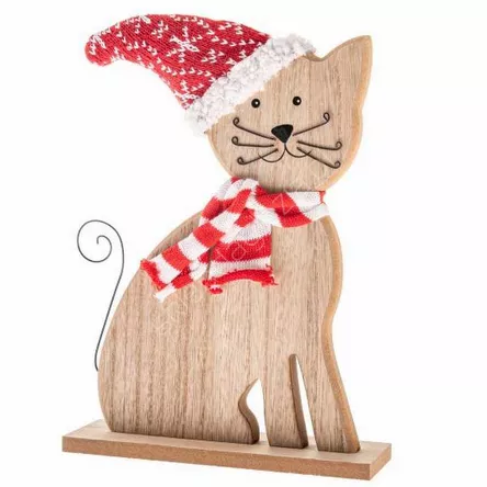 Kot drewniany z dzianinowym szalikiem i czapką 29 cm