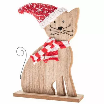 Kot drewniany z dzianinowym szalikiem i czapką 29 cm