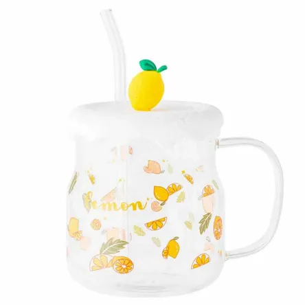 Kubek szklany 600ml z silikonową pokrywką i słomką cytryna