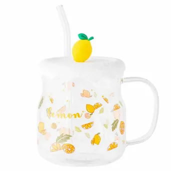 Kubek szklany 600ml z silikonową pokrywką i słomką cytryna