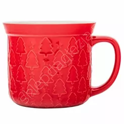 Kubek świąteczny prosty tłoczony Choinki czerwony 640ml