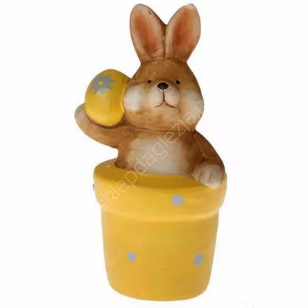 Ceramiczny zając z jajkiem w żółtej doniczce