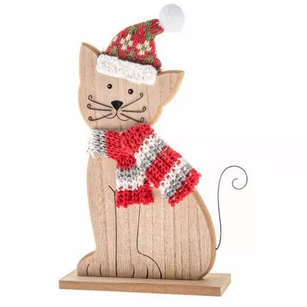 Kot drewniany z dzianinowym szalikiem i czapką 29 cm