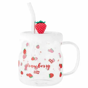 Kubek szklany 600ml z silikonową pokrywką i słomką truskawka