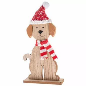 Piesek drewniany z dzianinową chustą i czapką 32 cm