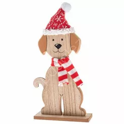 Piesek drewniany z dzianinową chustą i czapką 32 cm