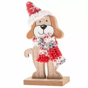 Piesek drewniany z dzianinową chustą i czapką 15 cm