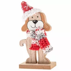 Piesek drewniany z dzianinową chustą i czapką 15 cm