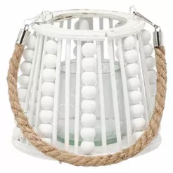 Lampion drewniany z koralikami 16x14cm biały