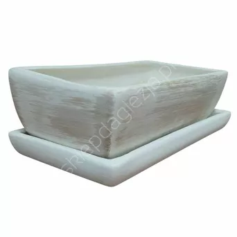 Doniczka cer Eko-Cer Kaktusiarka kwadrat + pod.  biała przecierana beżem J1500