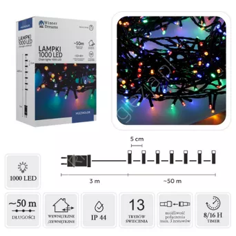 Lampki 1000 LED Multikolor + dł. 3+50m wew/zew