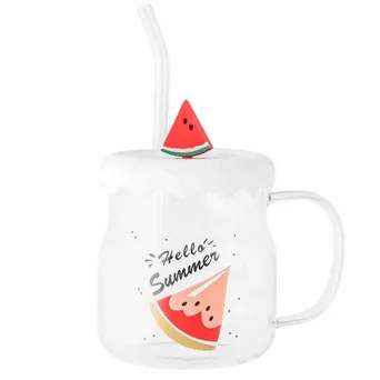 Kubek szklany 600ml z silikonową pokrywką i słomką arbuz