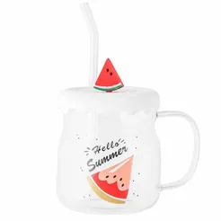 Kubek szklany 600ml z silikonową pokrywką i słomką arbuz