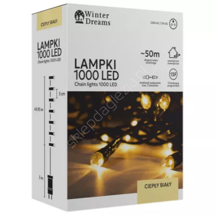 Lampki 1000 LED  białe ciepłe dł. 3+50m wew/zew
