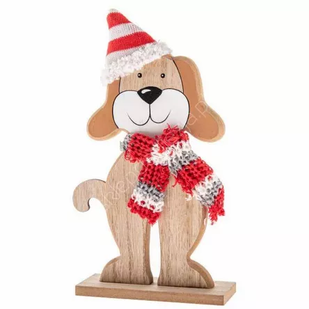 Piesek drewniany z dzianinową chustą i czapką 26 cm