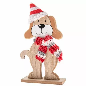 Piesek drewniany z dzianinową chustą i czapką 26 cm