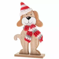 Piesek drewniany z dzianinową chustą i czapką 26 cm