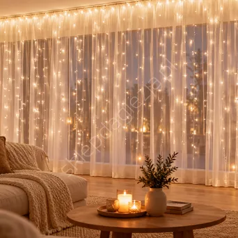 Lampki 240 LED Kurtyna druciki białe ciepłe dł. 5+1,5m pilot