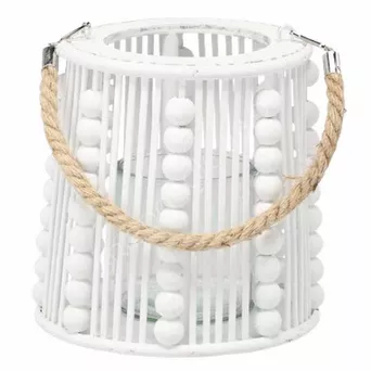 Lampion drewniany z koralikami 20x19cm biały