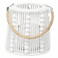 Lampion drewniany z koralikami 20x19cm biały