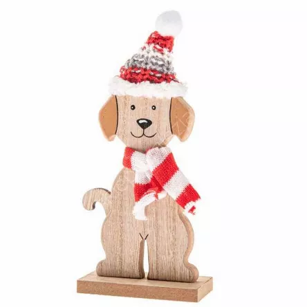 Piesek drewniany z dzianinową chustą i czapką 18 cm