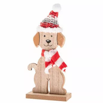 Piesek drewniany z dzianinową chustą i czapką 18 cm