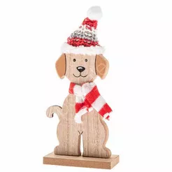 Piesek drewniany z dzianinową chustą i czapką 18 cm