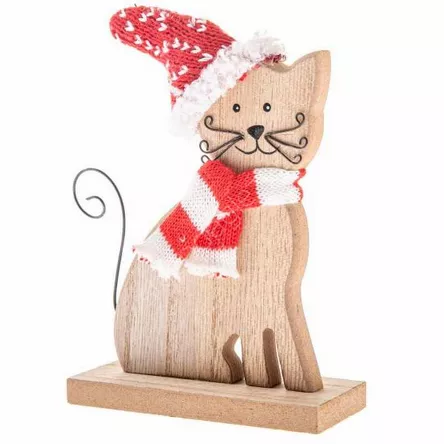 Kot drewniany z dzianinowym szalikiem i czapką 14 cm