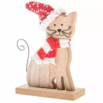 Kot drewniany z dzianinowym szalikiem i czapką 14 cm