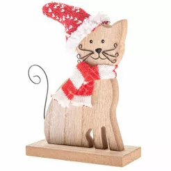 Kot drewniany z dzianinowym szalikiem i czapką 14 cm